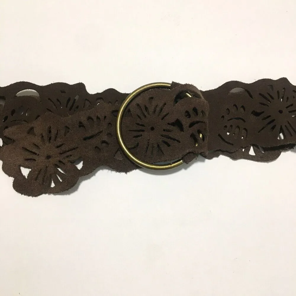 Prana Cut out Leather Belt Womens S/M Brown Suede Brass Ring Buckle
